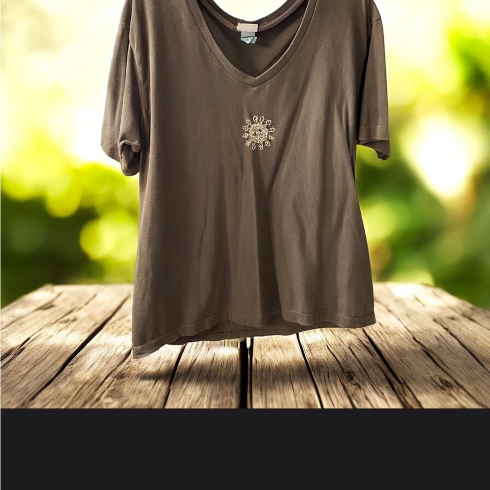 Fresh Produce Tee, Embellished Brown V-Neck Women's Top